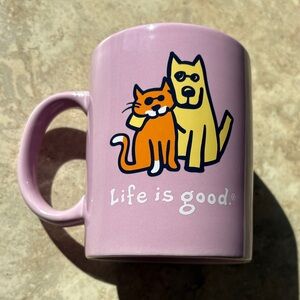 Life Is Good Lavender Mug with Cat and Dog Design